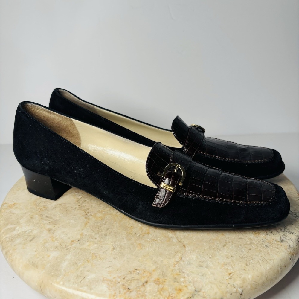 Salvatore Ferragamo Croc Black Suede Gold Buckle Loafers 7